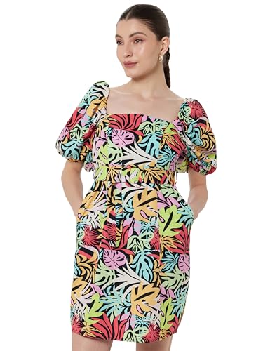 Image of ONLY Tropical Printed Square Neck Puff Sleeves Cotton Sheath Dress