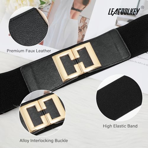 LEACOOLKEY Women's Elastic Wide Belt Gold Buckle Stretchy Waist Cinch Belt for Dresses3