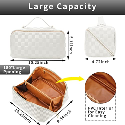 Gruciso Large Capacity Makeup Bag, Zipper Women Cosmetic Bag, Travel Makeup Organizer Case, Pu Leather Waterproof Cosmetic Bag, With Handle And Divider Flat Lay Cosmetic Bags(White) #TOP1