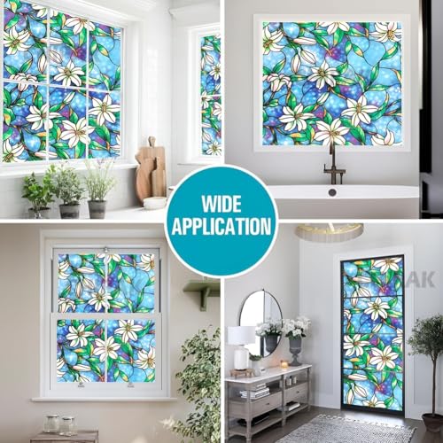 Image of CHIPAK Premium Vinyl Privacy Stained Window Glass Film (24x60 Inch) - Self-Adhesive Decorative Sticker Opaque Sheet Tint Wallpaper for Glass Cover Window, Door, Office.| Anti-UV. Blue Lily Flowers