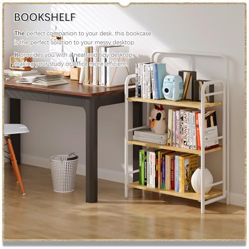 Image of 4NM No Assembly Folding Bookshelf, 3 Tiers Collapsible Book Shelves Open Industrial Foldable Storage Bookcase Shelf for Bedroom, Living Room, Home Office - Natural and White