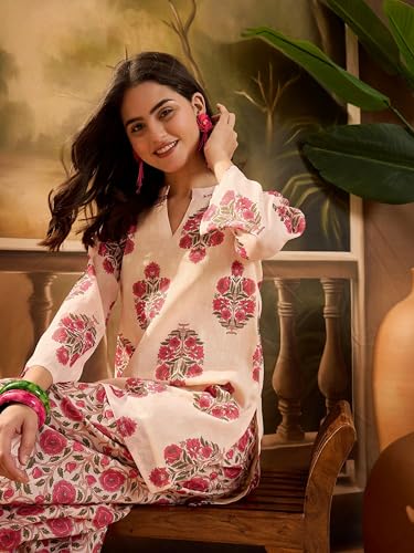 Image of EthnicJunction Women's Linen Floral Print Summer Wear Straight Short Kurti With Afghani Pant Set | Co Ord Set for Women Stylish | Fusion wear Women
