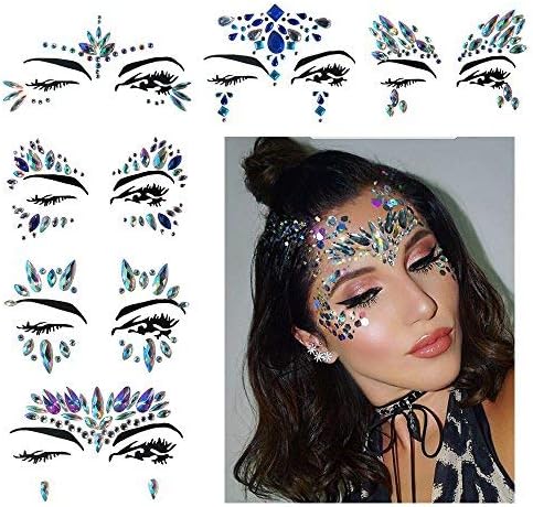 Face Gem Stickers Eyes Rhinestone Jewels Tattoo Mermaid Glitter Bindi Acrylic Crystal Body Jewelry Temporary Tattoo Fancy Makeup for Music Rave Festival Party Carnival 6 Pack (Pattern 1)