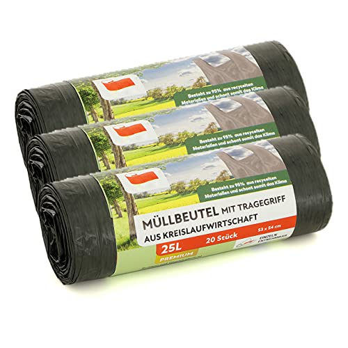 GERLINOVA M&uuml;llbeutel mit Tragegriff, Grau, 95% recyceltes Material (25 L, 3er Pack)