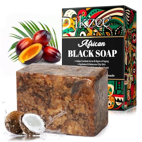 P-Beauty Black Soap - Jabón negro africano, vegano con manteca de karité, aceite de coco y de almendra de palma, jabón facial, jabón corporal, jabón natural, contra espinillas, acné, puntos negros