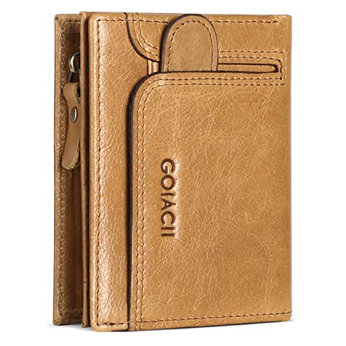GOIACII Men Genuine Leather Wallet RFID Blocking Bifold Card Holder Purse with Secure Zipper
