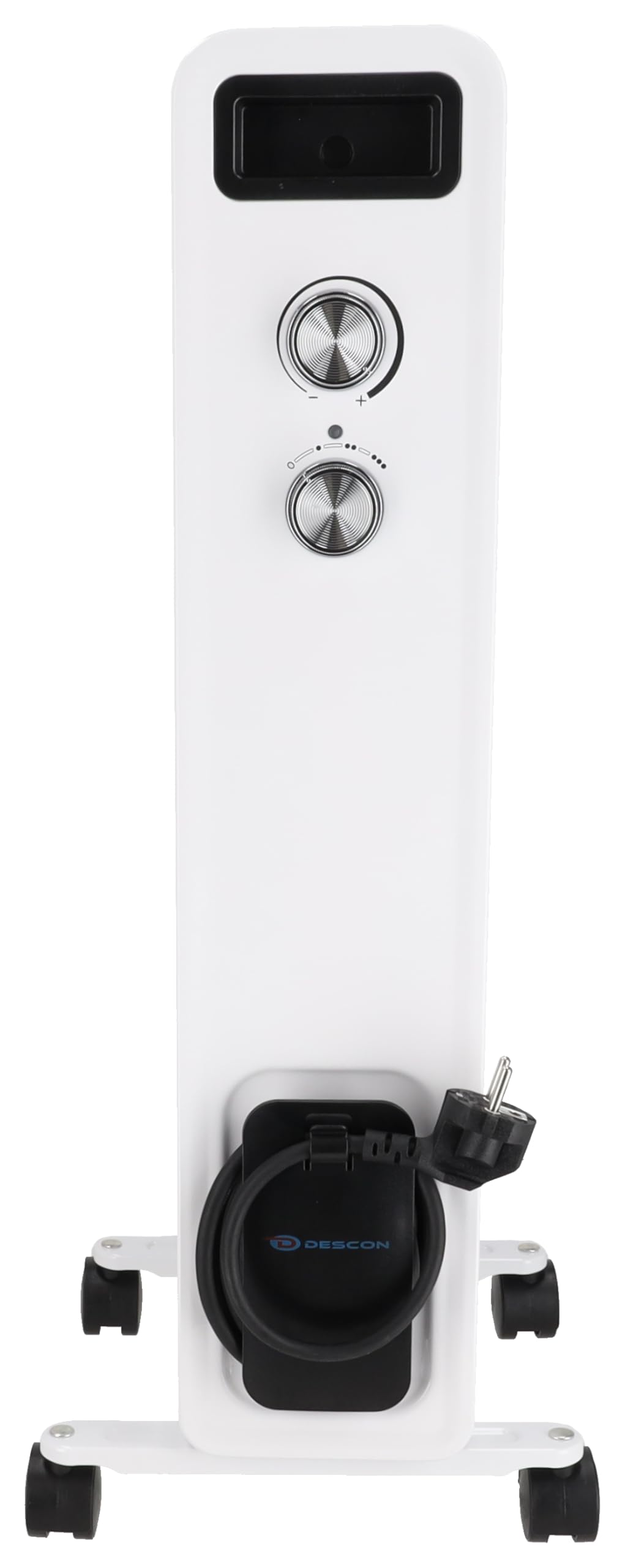 Radiador de aceite DESCON DA-J1501, 1500 W, 7 costillas, control de temperatura, termostato, tres niveles de calor, ruedas de transporte, compartimento para guardar cables, protección antivuelco