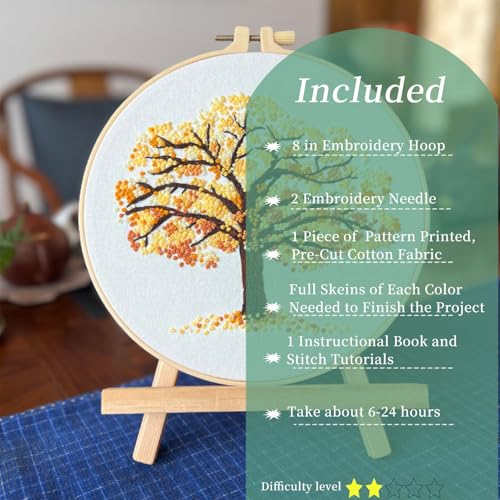 Image of FONNUY Crewel Embroidery Kit for Beginners, Seasonal Tree Pre-Stamped Pattern Kits for Adults with Hoop, Easy to Follow Color Thread Needlework, 8'' (Yellow)