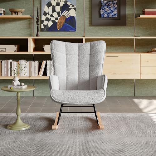 Yeutre Sillón de Lactancia Acolchado, Sillas Mecedora con Respaldo a Cuadros Alto Escandinavo Sillón Relax para Salón Dormitorio Balcón Sala de Estudio,Terciopelo Teddy (Gris Claro, 68 x 75 x 92 cm)