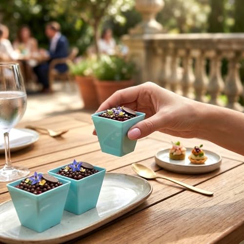 Image of Restaurantware 2-OZ Mini Kova Dessert Tumbler Cup - Elegant Square Powder Pink Plastic Cups: Perfect for Serving Desserts and Snack Samples - Limited Edition - Disposable and Eco-Friendly - 100-CT