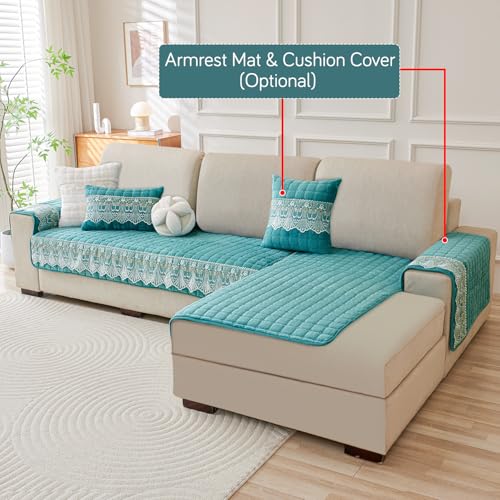Image of HOKIPO Bellelace Velvet Sofa Cover L Shape 5 Seater Mat, 3+2, Teal
