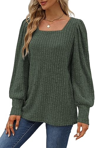 Image of WIHOLL Long Sleeve Shirts for Women Trendy Casual Square Neck Tops Lightweight Sweaters