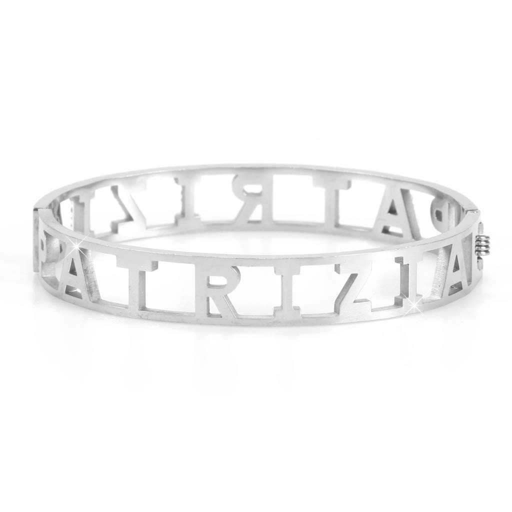 Flowers Bracciale Rigido Acciaio con Nome Vari e Zirconcini Sacchettino in Tessuto Scritta Nome ricoperta di Strass Brillantissimi Bracciale a Manetta Donna Chiusura a Molla Idea Regalo