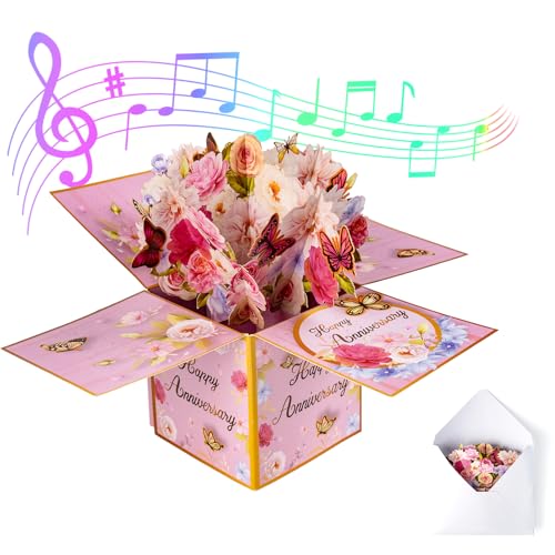 mountova 3D Anniversary Pop Up Cards with Music, Romantic LED Light 3D Flower Gift Box, Handmade Foldable Greeting Cards Box with Envelope for Anniversary,Festivals & Special Occasions