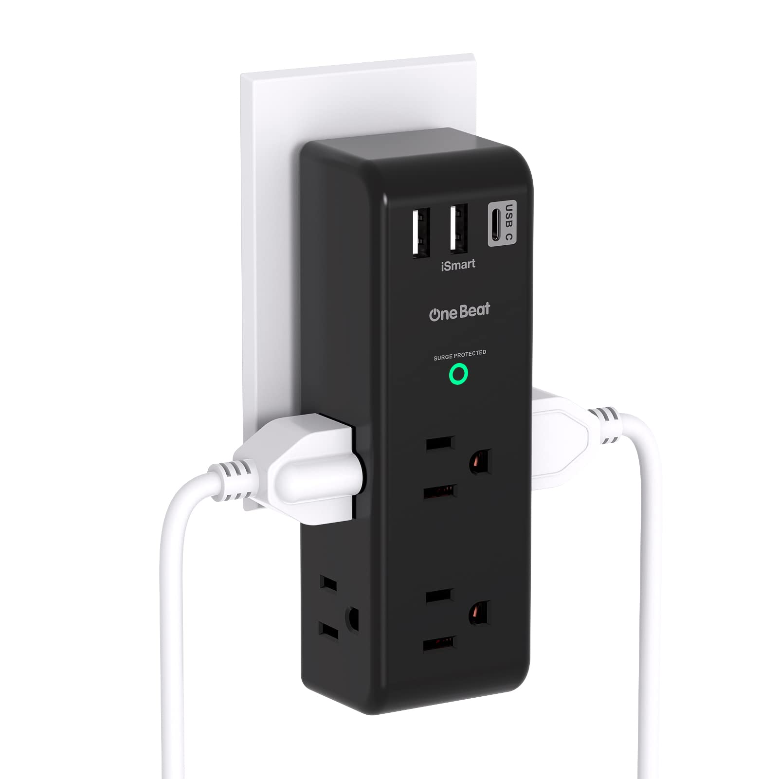 Surge Protector Outlet Extender - with Rotating Plug, 6 AC Multi Plug Outlet with 3 USB Ports (1 USB C), 1800 Joules, 3-Sided Swivel Power Strip with Spaced Outlet Splitter for Dorm, Office, Black - 1