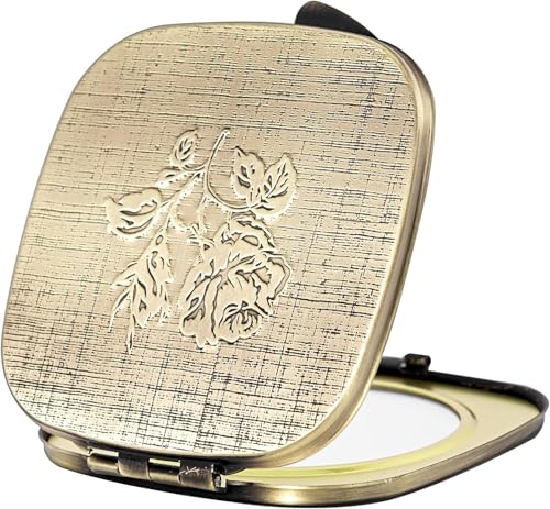 CQHKINGHAI Travel Small Compact 1X/2X Mirror - Handheld Foldable Lightweight - Mini Pocket Magnifier for Wallet - Square 3.0 inches x 2.8 inches (Ancient Bronze)