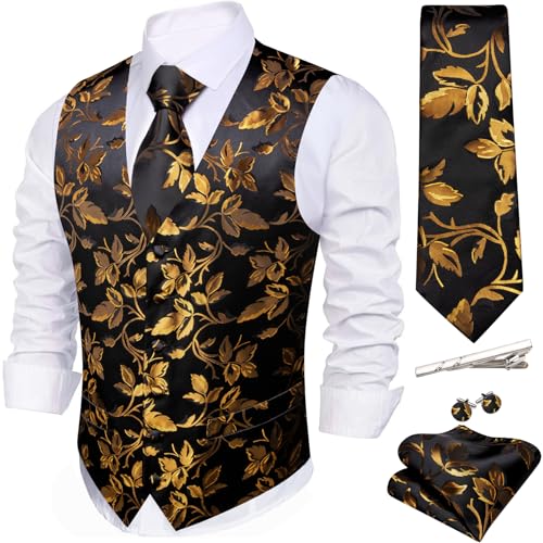 Image of Barry.Wang Formal Men Flower Vest Paisley Jacquard Silk Ties Suit Waistcoat Set Wedding 5PCS