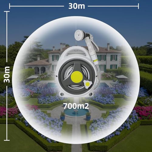 Image of Rolling Hose Reel Retractable Portable Garden 50FT With 7 Function Sprayer Nozzle - Hideaway Wall Mount for Cleaning Patio Car Washing (Grey)