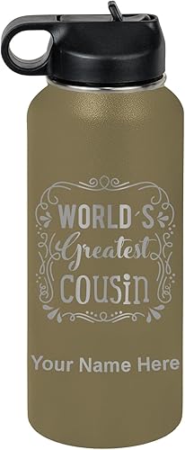 Miniatura 22 de LaserGram Botella de agua con tapa abatible de doble pared de 32 onzas con pajilla, el primo más grande del mundo, grabado personalizado incluido