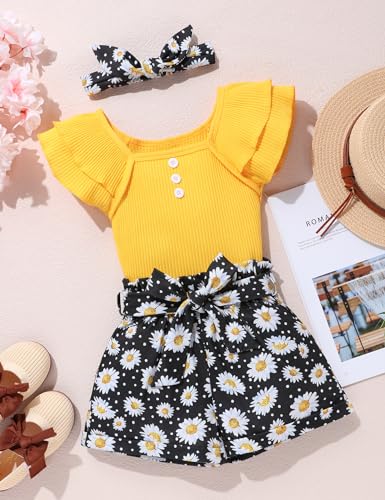 Image of Gaupafmb Toddler Girls Clothes Ruffle Short Sleeve Tops and Shorts Set with Headband 3PCs Outfits
