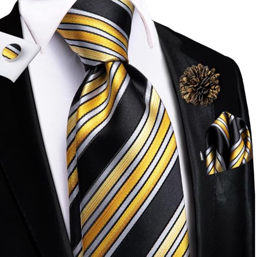 Image of Hi-Tie Men's Tie Lapel Pin Set Pocket Square Cufflinks Formal Woven Silk Tie Sets Wedding Party