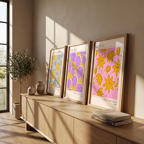 Image of NoWorries Trendy Abstract Floral Art Wall Frames | Modern Botanical Prints Inspired by London Paintings 300 GSM Premium Prints | Synthetic Wooden Stylish Frame Wall Decor for Bedroom, Living Room, Cafe & Office (Set of-3) (NATURAL, ART-1, 10X13INCHES)