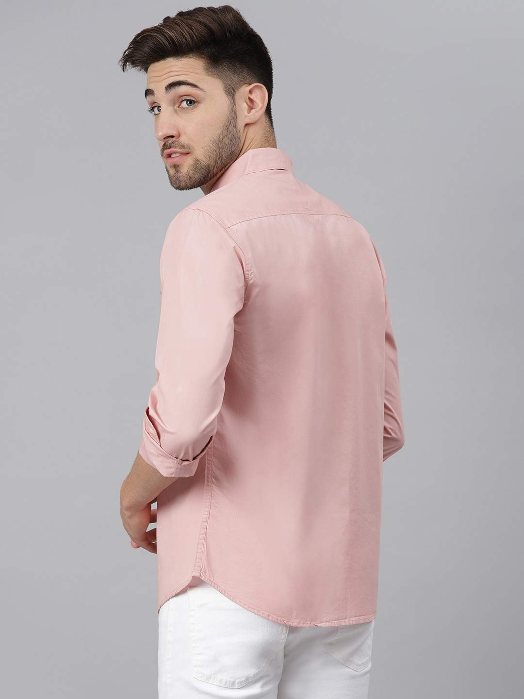 Dennis Lingo Men's Solid Dusty Peach Slim Fit Cotton Casual Shirt (C301_D-Peach_M) 3
