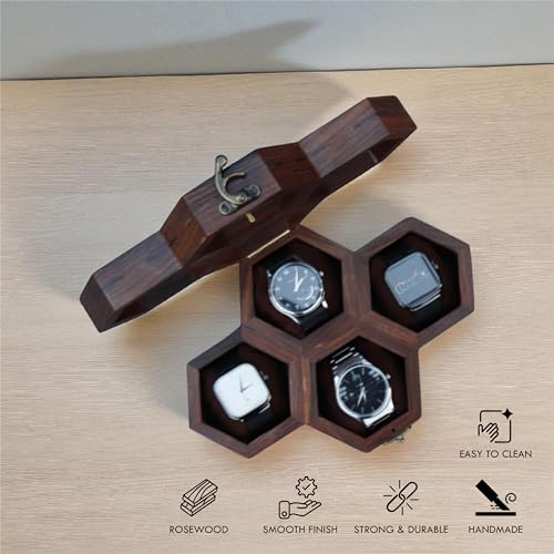 Image of Vintage Wooden Watch Box for Men, Timepiece Display Case, Honeycomb Watch Storage & Organizer, Jewlery Box for Women, Anniversary Gift For Husband (4 Compartments (Other Design))