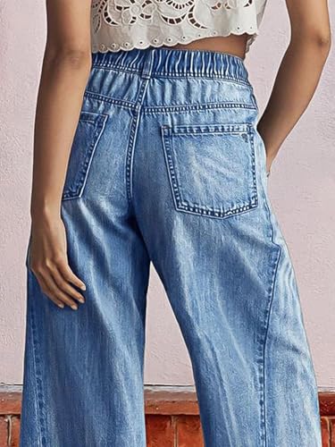 Flamingals Wide Leg Jeans for Women Casual Baggy Mid Rise Drawstring Elastic Waist Seam Detail Wash Denim Pants3
