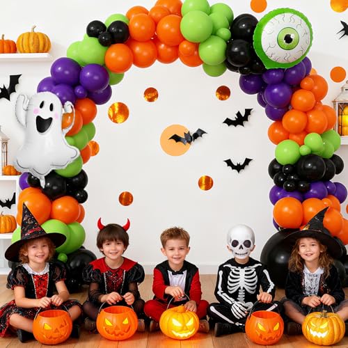 Image of Halloween Balloons Garland Arch Kit, Ghost and Large Eyeball Foil Balloons with Black Orange Purple Fruit Green Balloon Arch for Halloween Spooky Witch Birthday Baby Shower Party Decorations