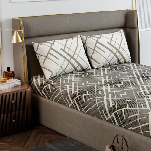 Image of Stoa Paris 100% Cotton King Size Fitted Bedsheet with 2 Pillow Covers, 180TC Printed Bedding Set, All-Season Comfort, Soft & Lightweight, Home Decor, Urbanscape - Beige Boulevard (182cmx198cm+30cm)