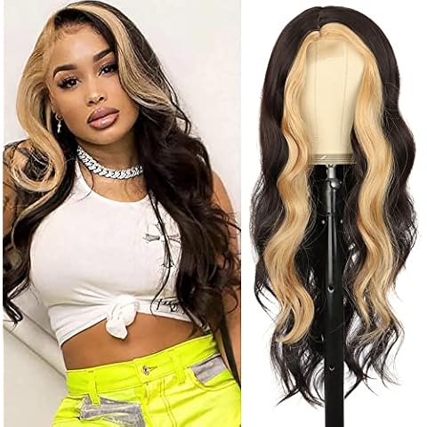 YEESHEDO Dark Brown with Blonde Highlight Wigs for Women Long Body Wave Wigs with Middle Part Heat Resistant Synthetic Hair Wigs for Daily Party Use 28 Inch Cover