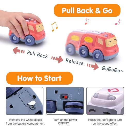 Image of Kidology Push & Go Baby Car Toy Set, Friction Powered Pull Back Cars for Toddlers, 4-Pack with 3D Lights & Sounds, Fun Cartoon Trucks for Boys & Girls, Baby Toys 1+ Year Old
