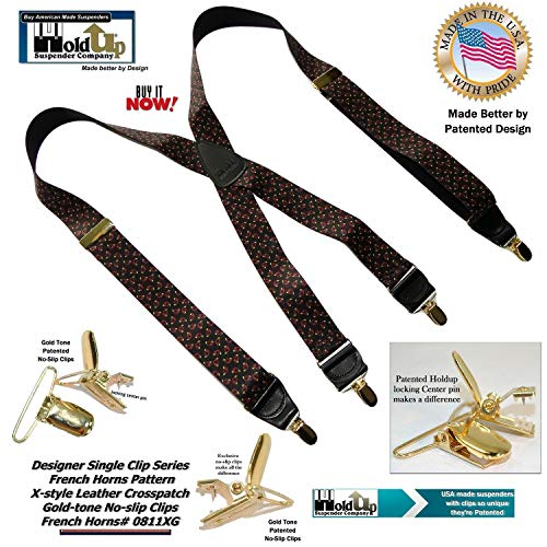 HoldUp Brand French Horn Pattern 1 1/2\" X-back Designer Series Suspenders with No-slip Gold-tone Clips - Thumbnail 7