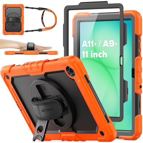 SEYMAC stock Funda para Samsung Galaxy Tab A11+ Plus/A9+ Plus 11'' 2025/2023, Funda Resistente con Protector de Pantalla, Soporte Giratorio/Correa de Mano y Portalápices, Naranja