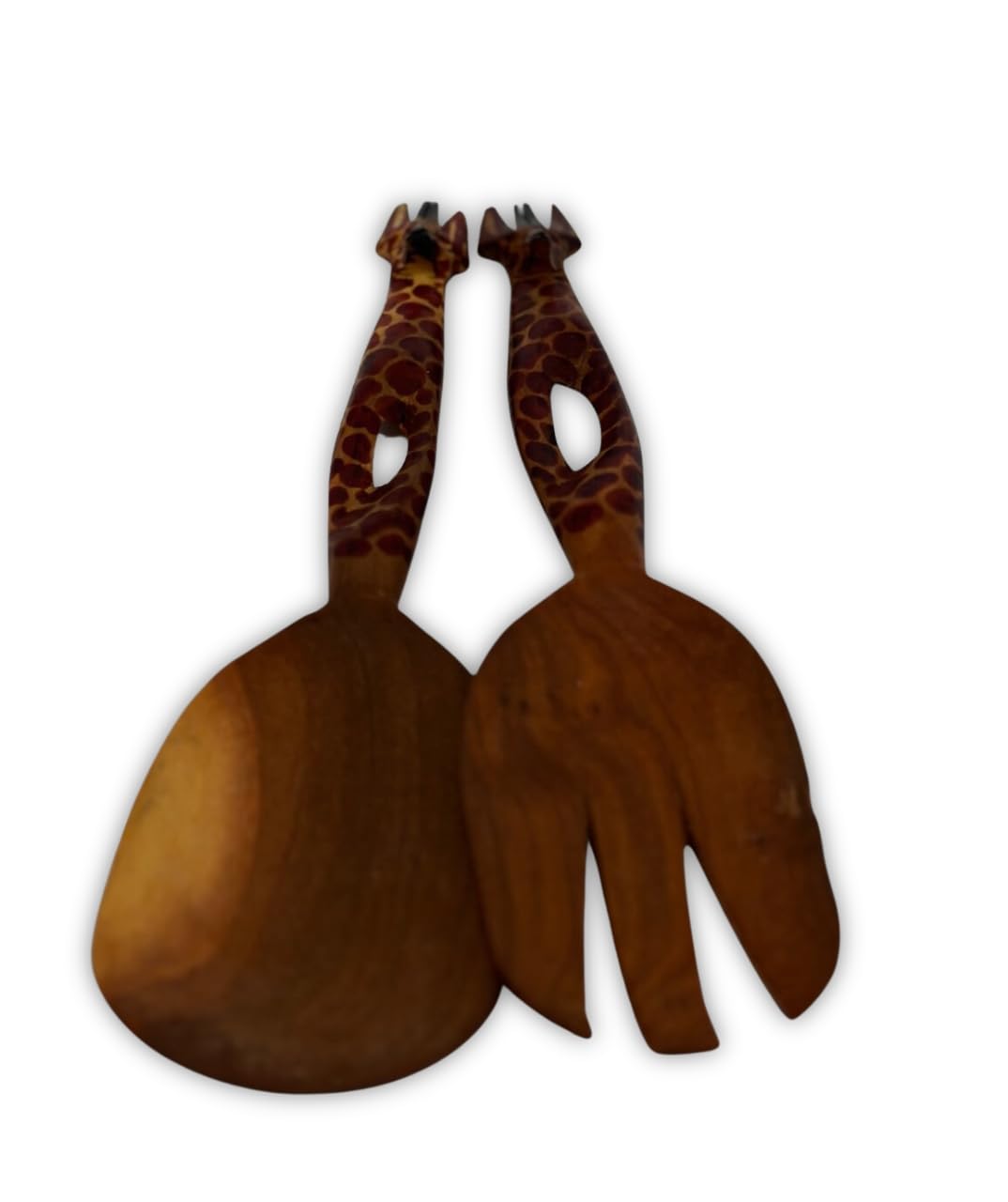 Wunderschön geschnitztes afrikanisches Salat-Servierset, handgefertigt in Afrika (Giraffe – Dunkel)