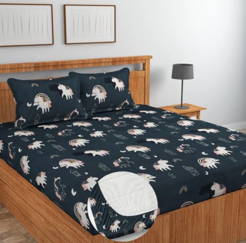 Image of NEW LEAF Cotton Fitted King Size Double Bedsheets with 2 Pillow Covers | Elastic Fitted | Wrinklefree | Ultrasoft |All Season Bedsheet 220 tc tc Floral | 78 x 72+8 Inches, Navy Blue