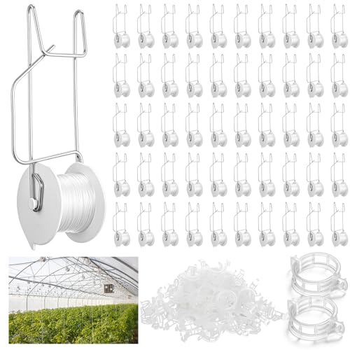 Novabright 50 Pack Tomato Support Hooks with 49 Feet String and 100 Pcs Clips Greenhouse Trellis Roller Tomato Hooks Flower Vine Twine Crop Trellis Kit