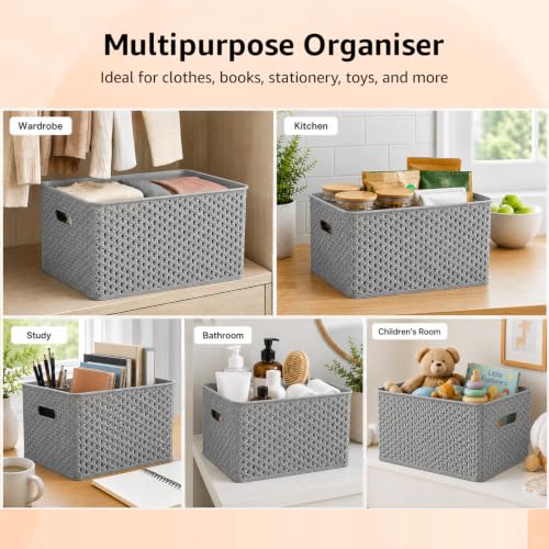 Image of Amazon Basics Set of 3 Plastic Storage Baskets with Lid | Stackable Organiser for Wardrobe, Kitchen, Clothes, Toys, Books, Office Multipurpose Shelf Basket (Large, 36x30x22 cm) Multicolour,Rectangular