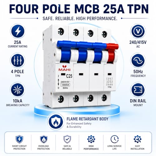 Image of MAHI 25A Four Pole MCB C Curve, Miniature Circuit Breaker with Overload & Short Circuit Protection, 25A Breaking Capacity, Durable Polycarbonate Body for Home & Industrial Use