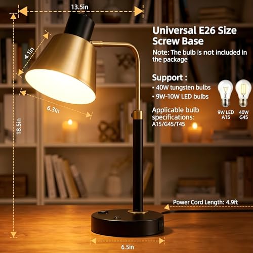 Image of Adjustable Desk Lamp with Dual USB-C /A & AC Outlet 340 Swivel Lamp Head | Metal Desk Lamp,Weighted Base,Table Lamp for Home Office, Bedroom & Reading, Black with Brass Accents (Bulb Not Included)