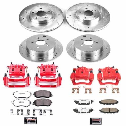 Image of PowerStop Front and Rear Brake & Caliper Kit for Subaru Impreza 2012-16 - Drilled & Slotted Disc Rotors + Carbon-Fiber Ceramic Brake Pads + Red-Powder Coated Calipers, KC6113-26