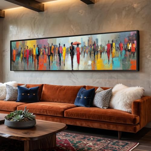 TONGYINLI Cuadro al óleo sobre lienzo Paseo urbano, arte abstracto de paisaje urbano para pared, escena de multitud colorida, siluetas de personas contemporáneas (30x90cm/sin marco)