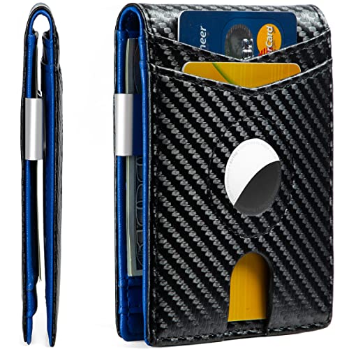 Huztencor AirTag Wallet, Mens Slim Wallet with Money Clip RFID Blocking Bifold Credit Card Holder Case for Apple Air Tag Carbon Fiber Black and Blue