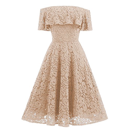 OHQ Robe en Dentelle pour Une Dame Noir Rouge Marine Femmes New Vintage Femme Chic Soiree Longue Grande Taille Courte Patchwork Off éPaule Cocktail Party Retro Swing Dress Jupes (Beige-F, M)