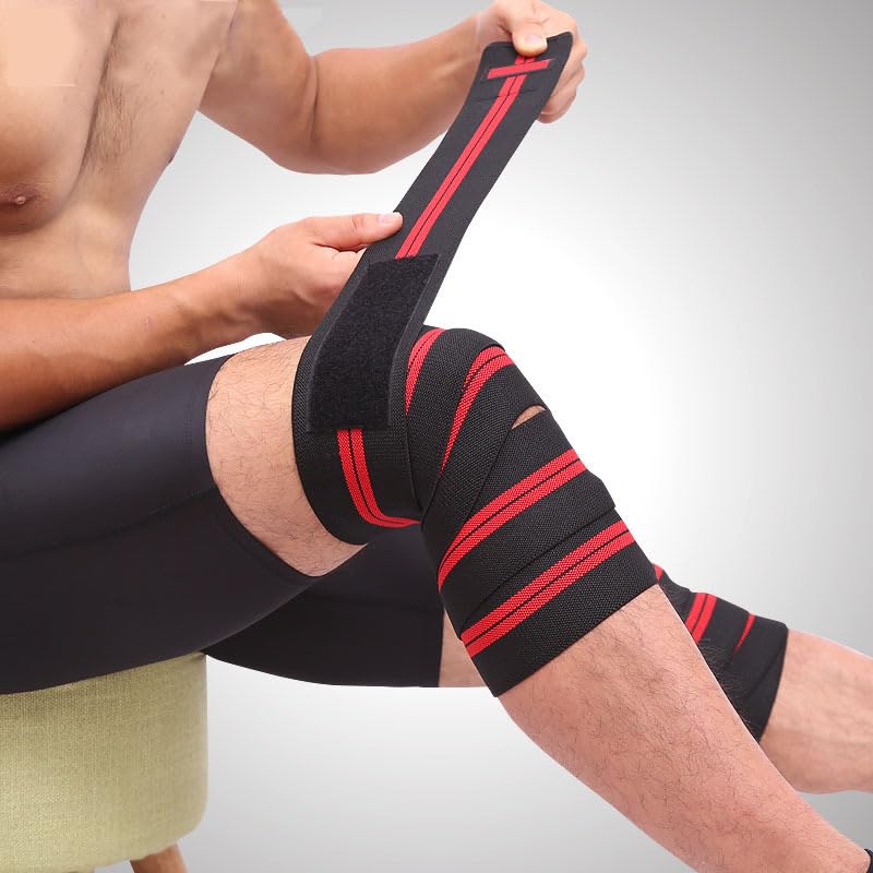 1Pair 2M*8CM Fitness Pressurized Straps Gym Weight Lifting Leg Knee Compression Training Wraps Elastic Bandages (black red)