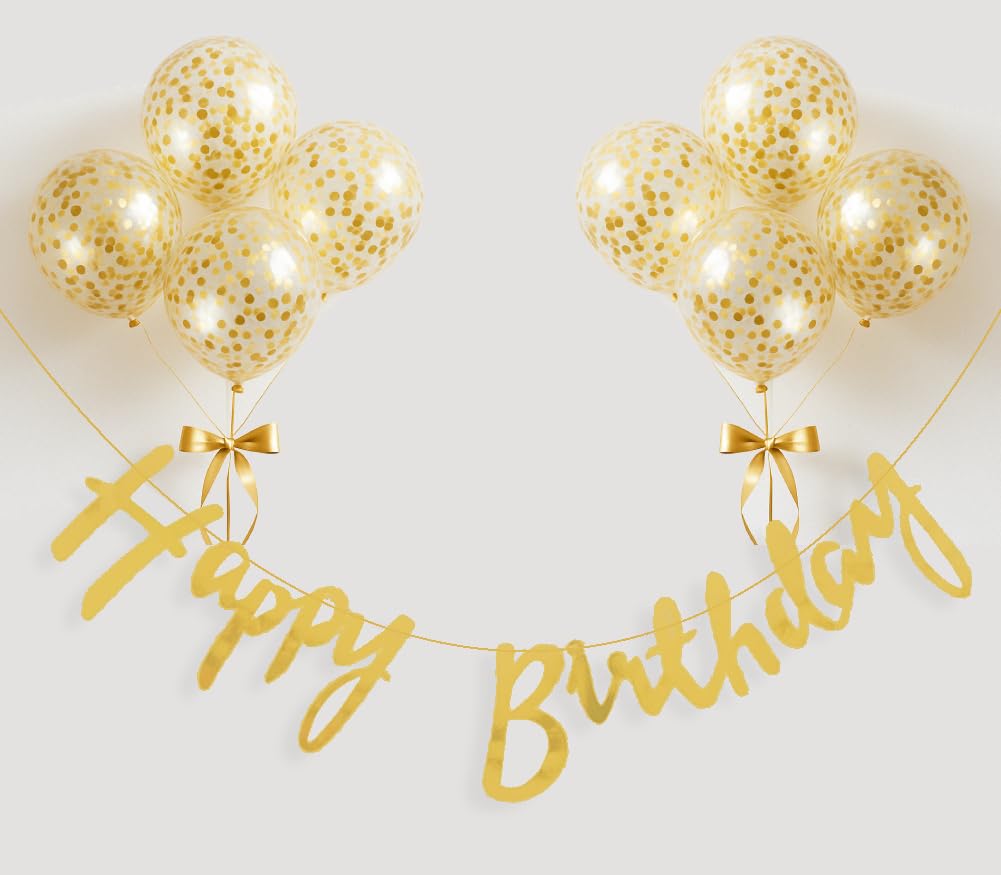 AMFIN® (Pack of 9) Happy Birthday Decoration Banner with Confetti Balloons, Suprise Theme Party Photo shoot - Golden