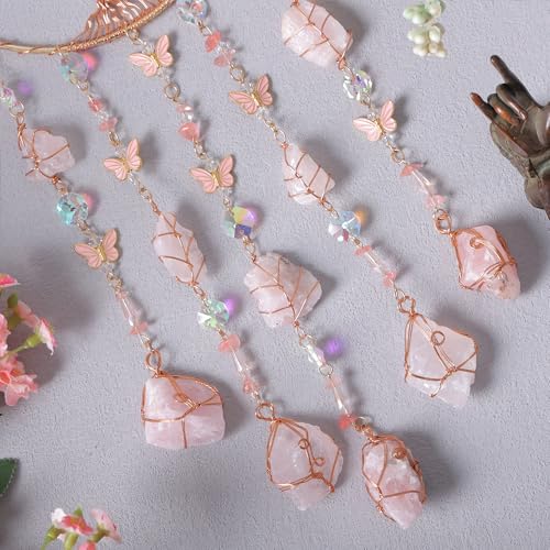 Pink Dream Catchers Crystal Tree of Life Dreamcatcher with Rose Quartz Butterfly Crystal Suncatcher Prism Hangings Decor Wall Window Bedroom Room Home Decoration Gift for Girls Boys Adults - Image 5