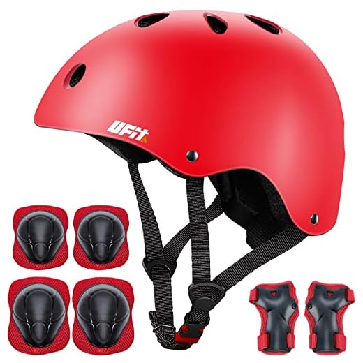 Lucky-M barn 7 delar utomhussport skyddsutrustning set pojkar flickor cykling hjälm säkerhetsdynor set [knä- och armbågsskydd och handledsskydd] för rullscooter skateboard cykel (3-8 år gammal) (röd)