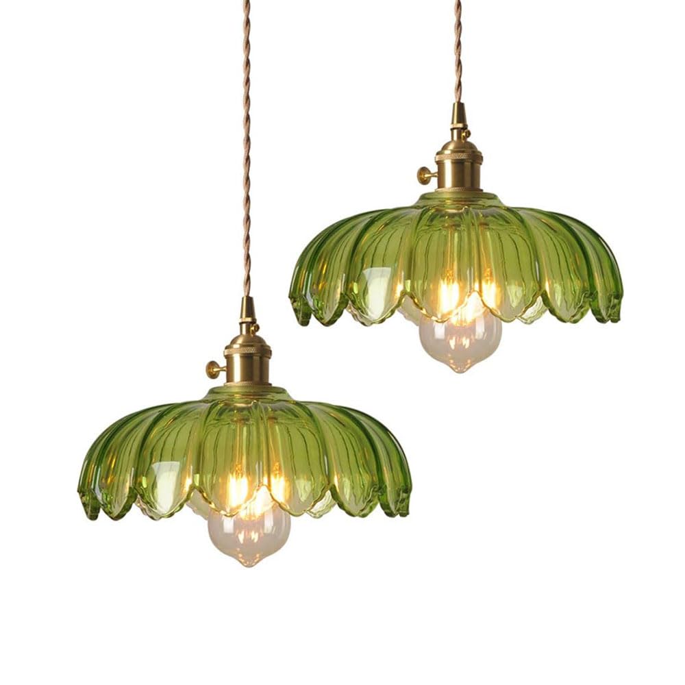 LYMSXAZOU Industrial Chandelier Ceiling Pendant Light for Loft Coffee Bar Kitchen Island with 9.84 Semicircle Transparent Green Lampshade - E27 Lotus Leaf Vintage Lamp Glass Hanging